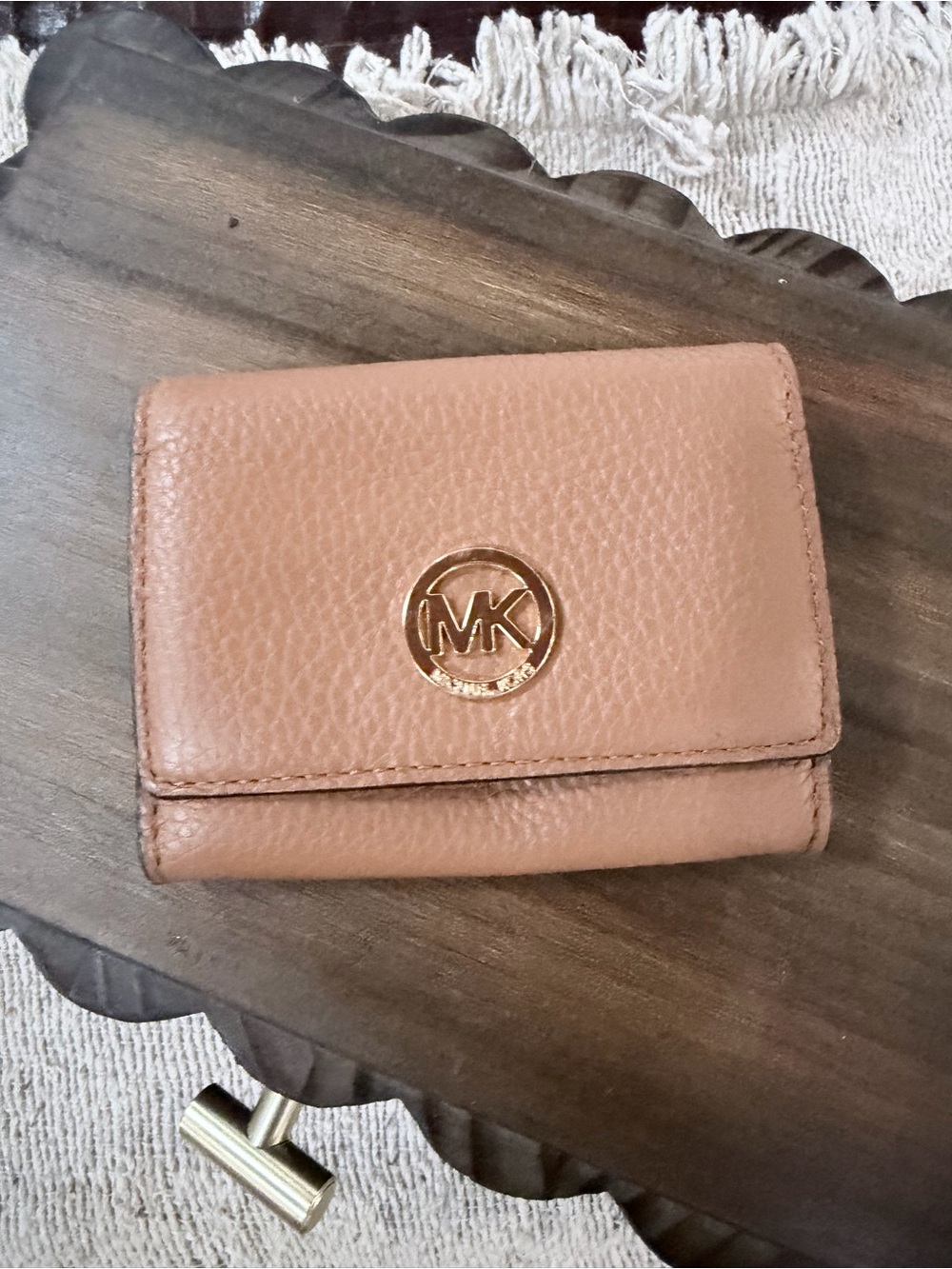 Michael Kors tan Pebbled Leather Wallet with Gold MK Emblem